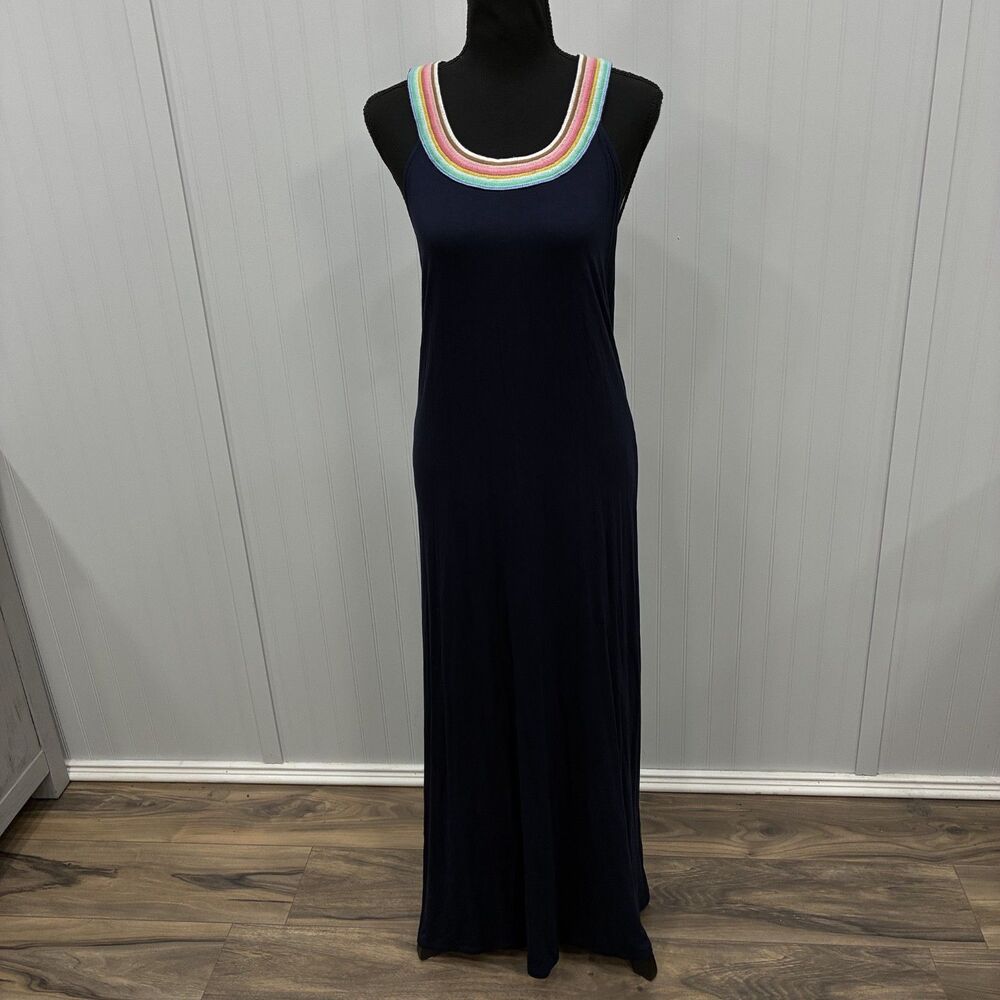 Boden Womens 14 US Navy Blue Rainbow Stripe Neckline Sleeveless Maxi Dress